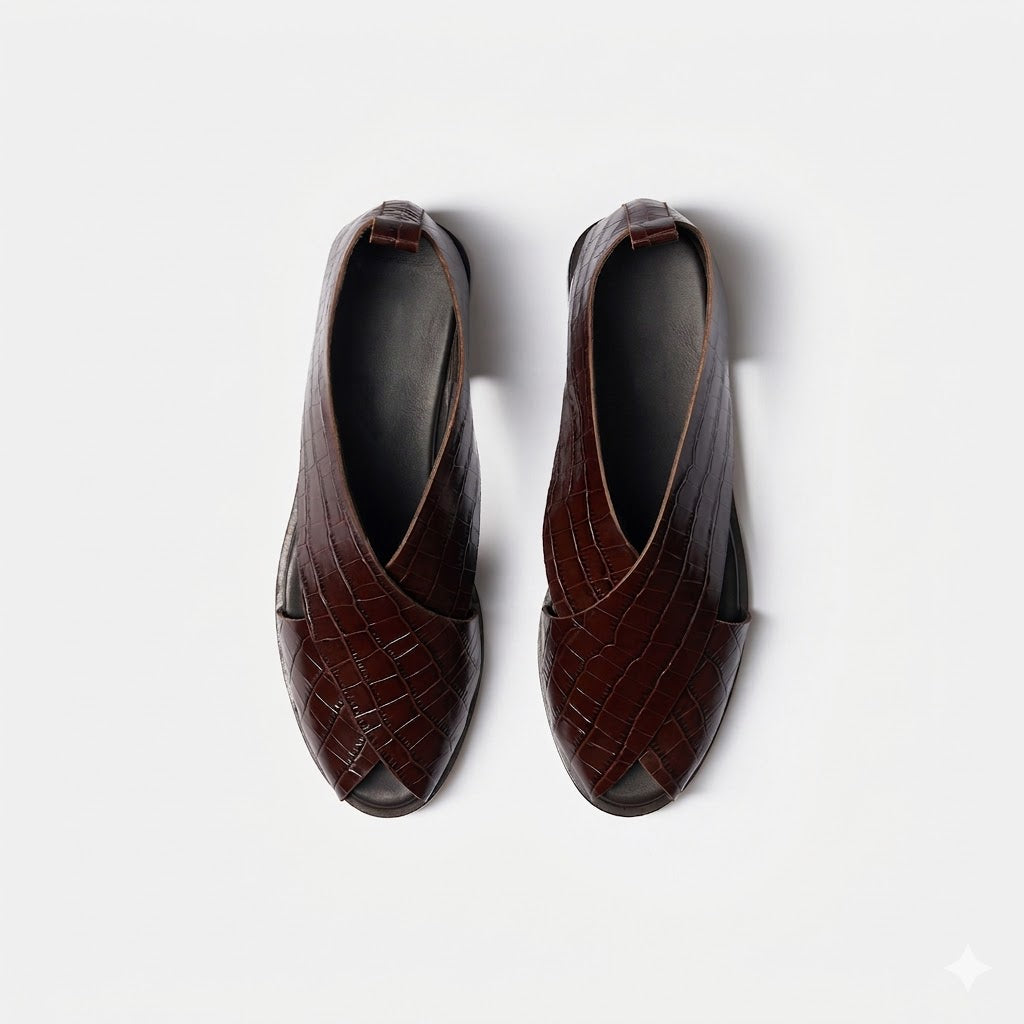 Keon Brown Croc Embossed Criscross Sandal - Caruso Last