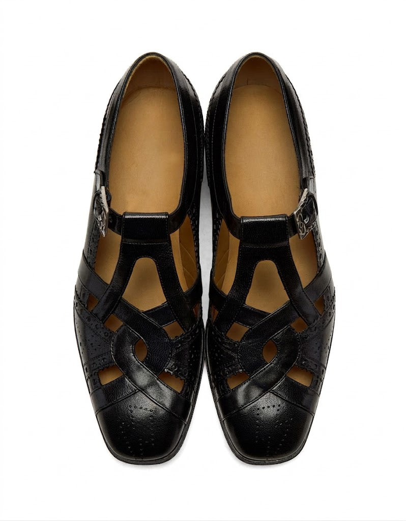 Black Brogued T Straped Sandal - Vittori Last