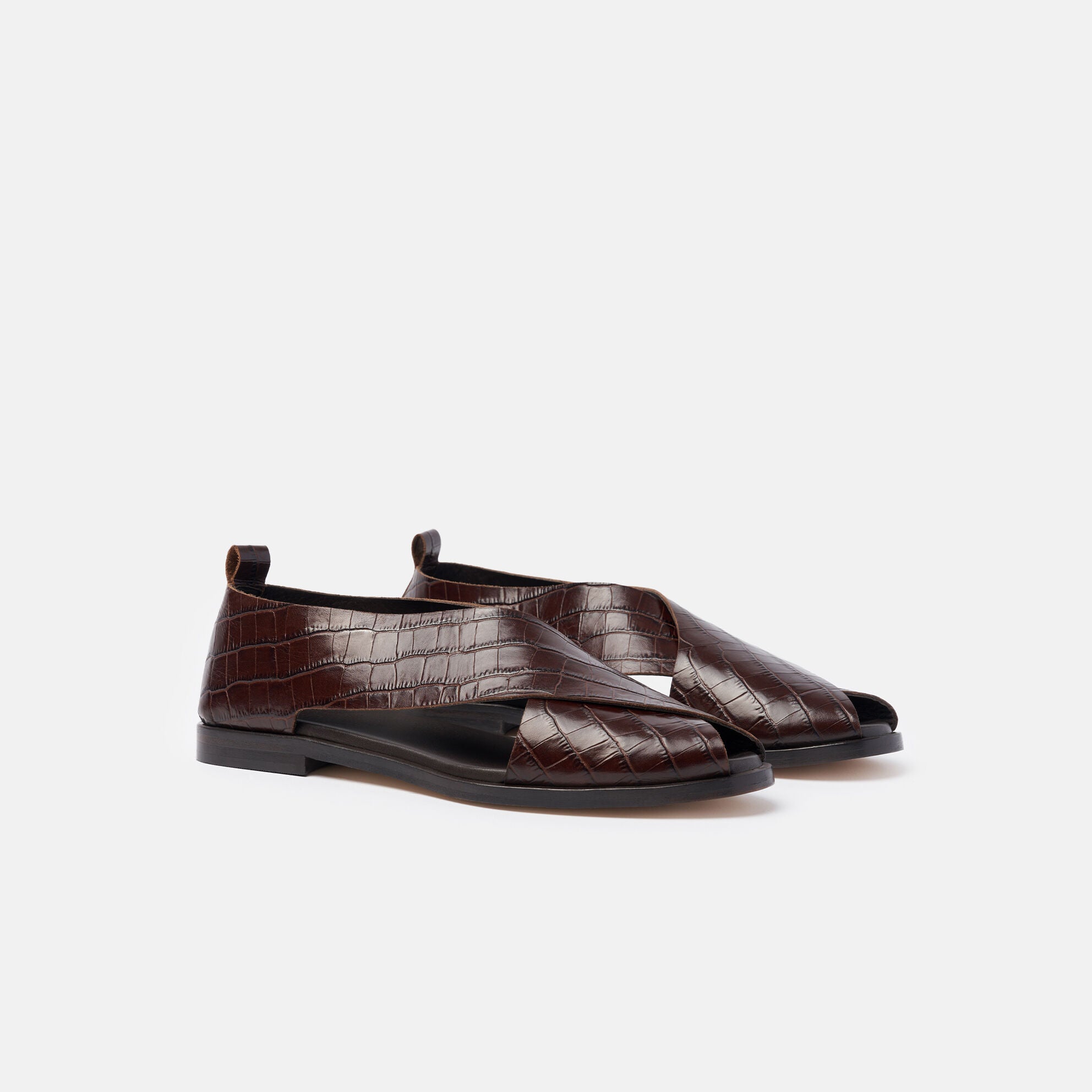 Keon Brown Croc Embossed Criscross Sandal - Caruso Last