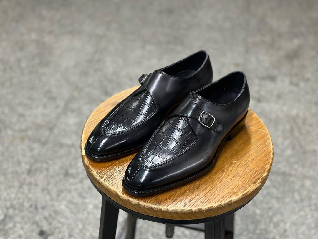 Jordan Hand Lasted Black & Grey Patina Single Monk - Sergio Last