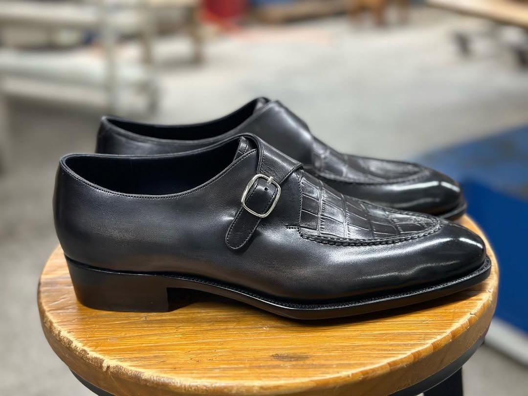 Jordan Hand Lasted Black & Grey Patina Single Monk - Sergio Last