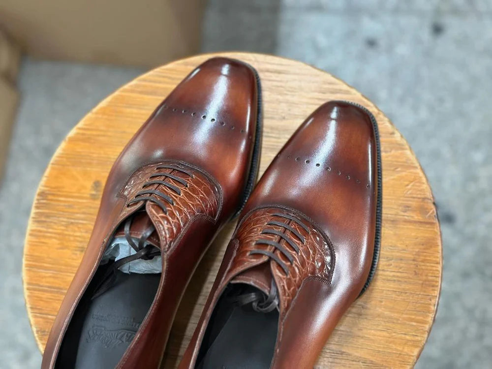 Emanuel Brown Patina Croc Embossed Oxford - Vittori Last