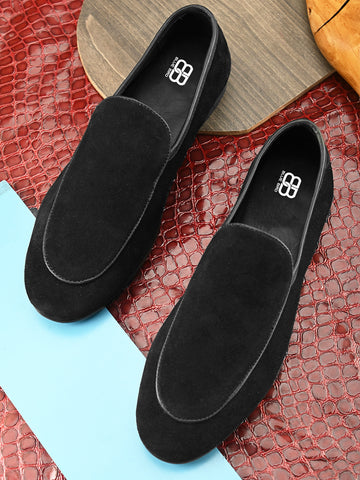 Black Suede Loafers with Crist Piping Stitched Shoes for Timeless Style