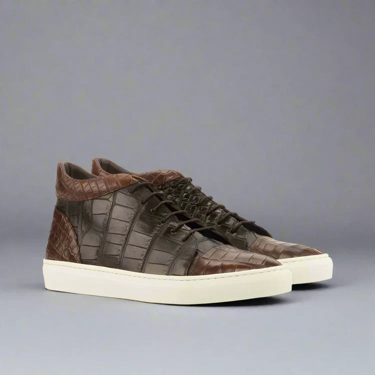 Alligator Leather High Top Lace Up Sneakers With White Sole - Sneaker Shoes