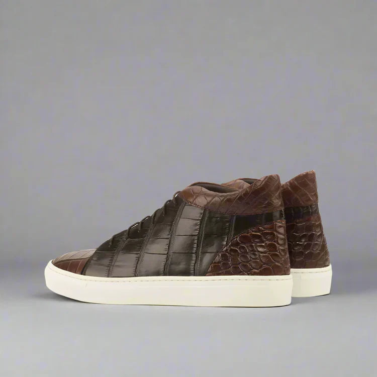 Alligator Leather High Top Lace Up Sneakers With White Sole - Sneaker Shoes