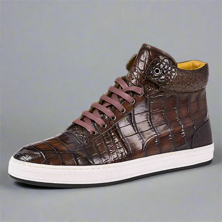 Brown Alligator Leather High Top Lace Up Sneakers With White Sole - Sneaker Shoes