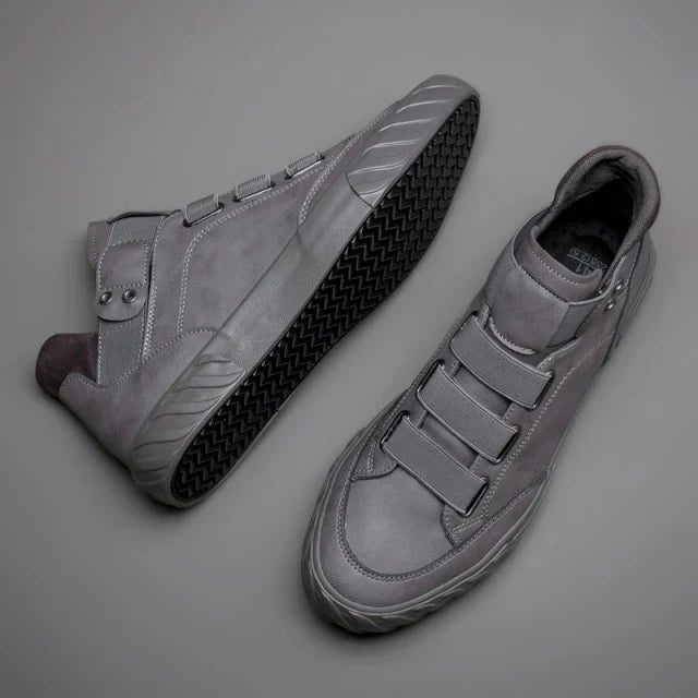 Grey Leather High Top Lace Up Sneakers with Grey Sole - Sneaker Shoes