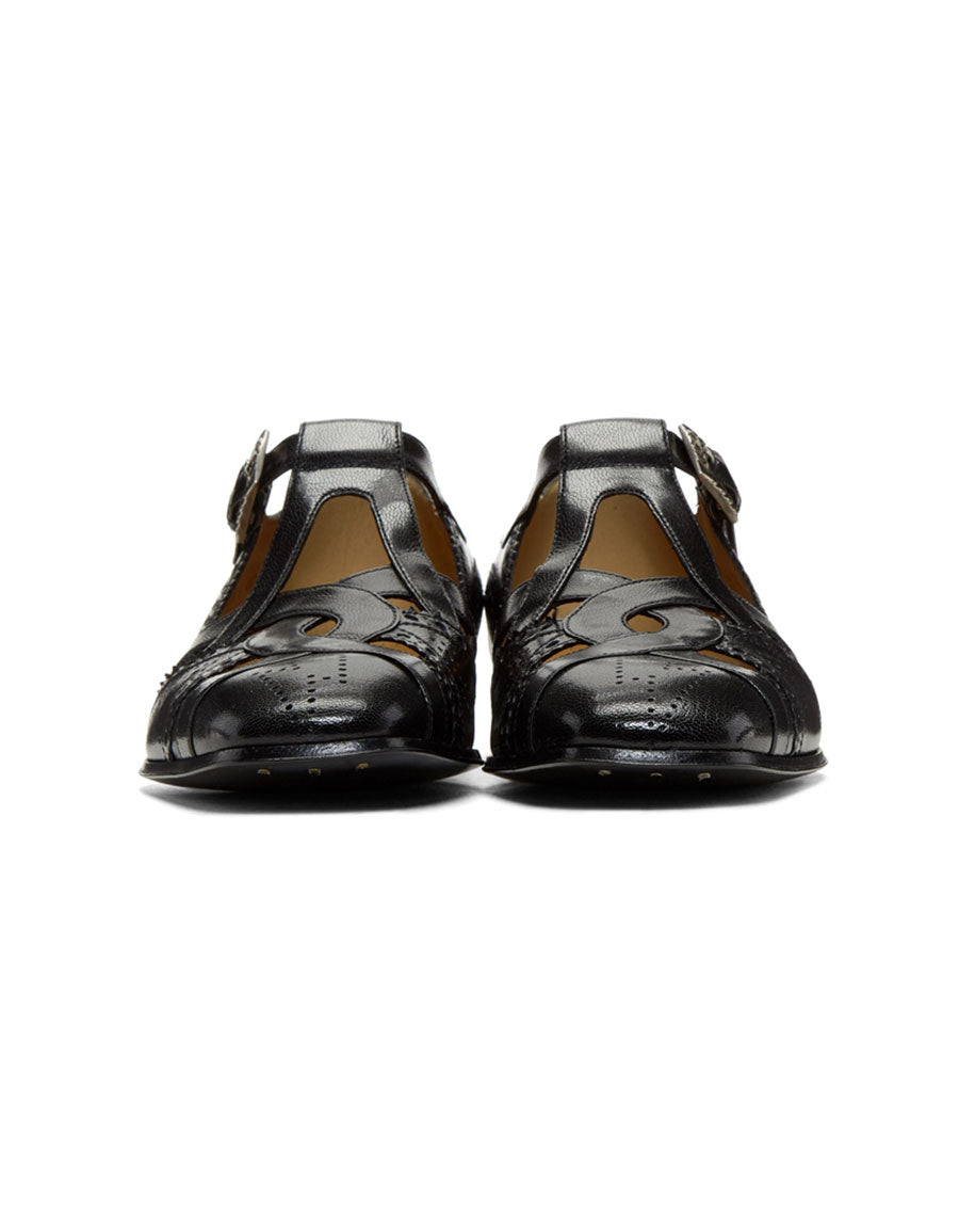 Black Brogued T Straped Sandal - Vittori Last