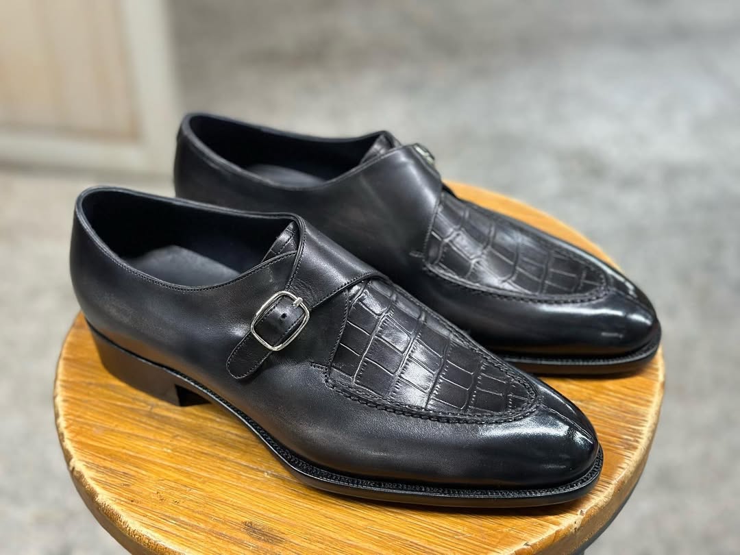 Jordan Hand Lasted Black & Grey Patina Single Monk - Sergio Last