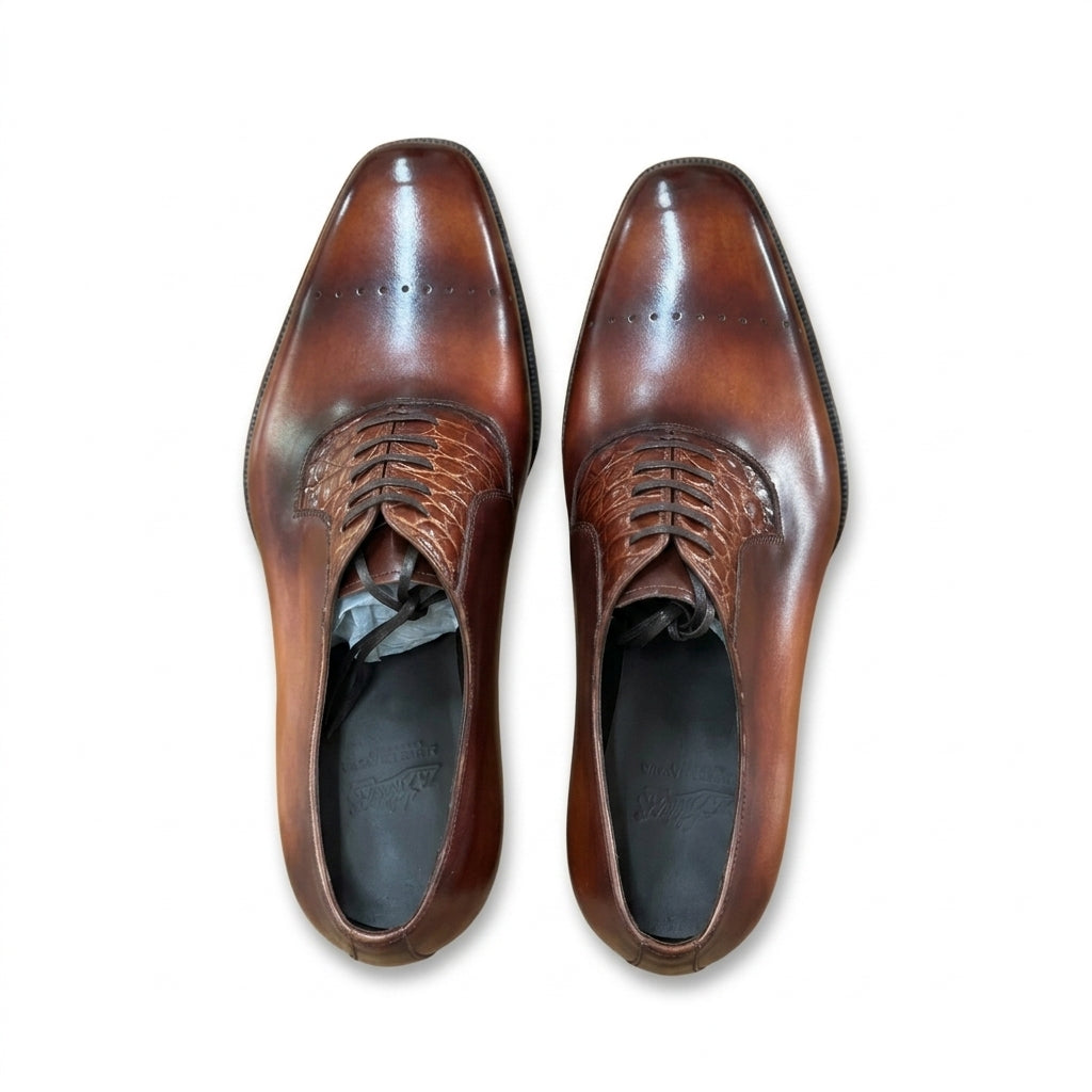 Emanuel Brown Patina Croc Embossed Oxford - Vittori Last