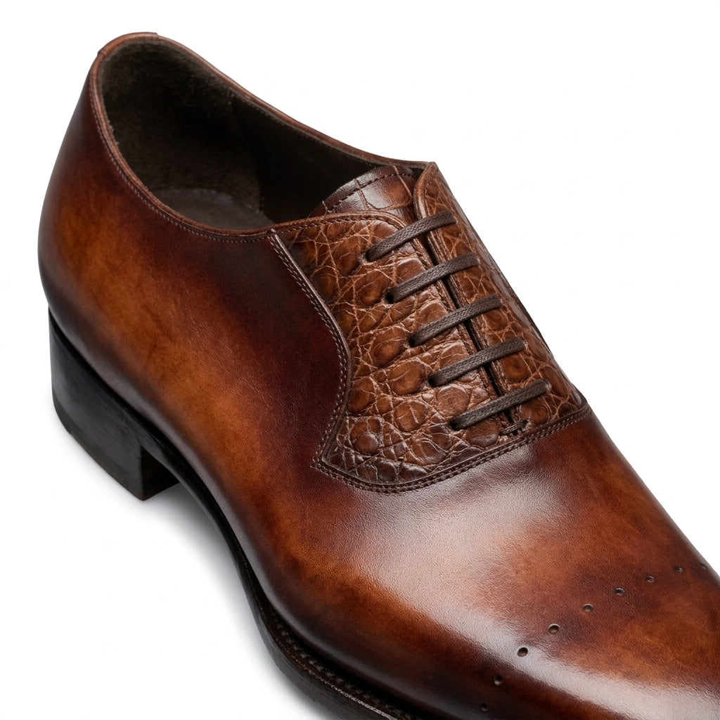 Emanuel Brown Patina Croc Embossed Oxford - Vittori Last