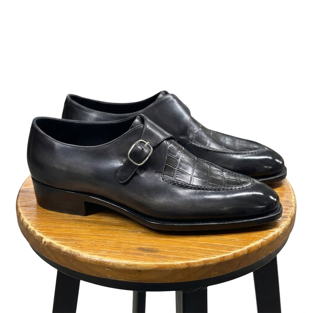 Jordan Hand Lasted Black & Grey Patina Single Monk - Sergio Last