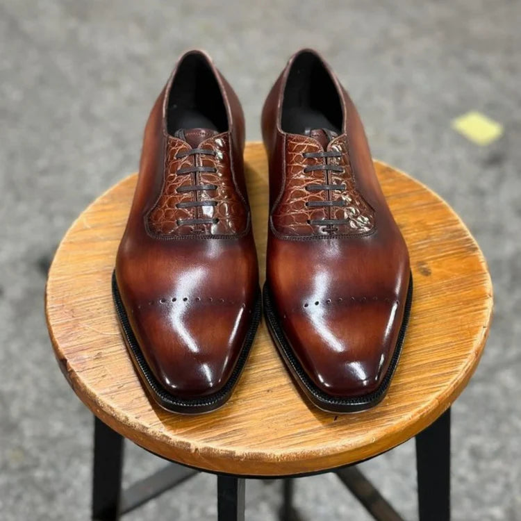 Emanuel Brown Patina Croc Embossed Oxford - Vittori Last