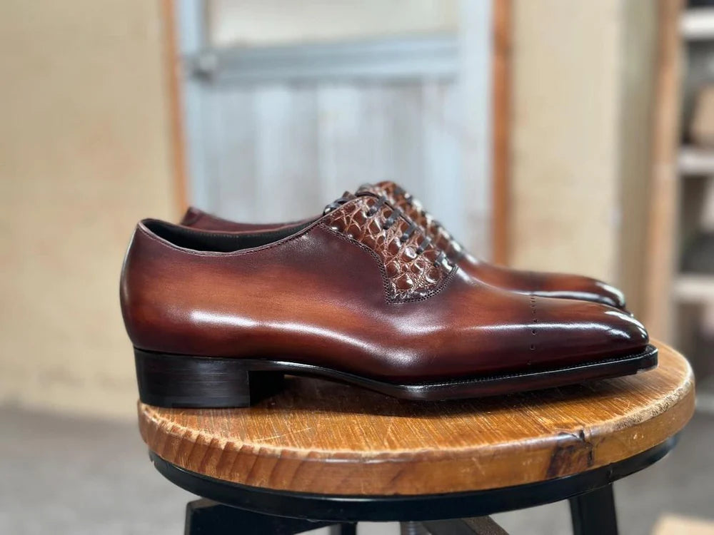 Emanuel Brown Patina Croc Embossed Oxford - Vittori Last