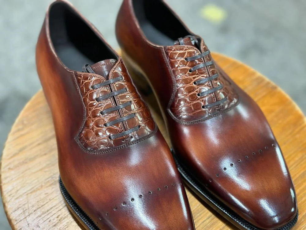 Emanuel Brown Patina Croc Embossed Oxford - Vittori Last