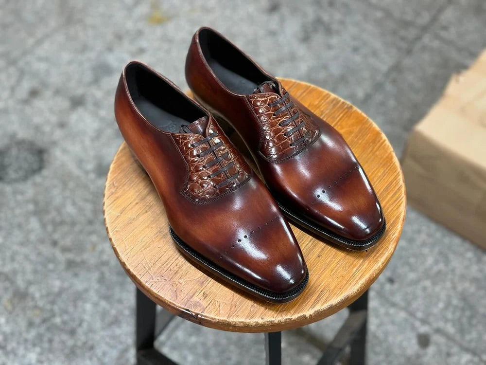 Emanuel Brown Patina Croc Embossed Oxford - Vittori Last