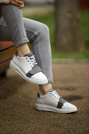 White and Grey Leather Low Top Lace Up Sneakers with White Sole - Sneaker Shoes