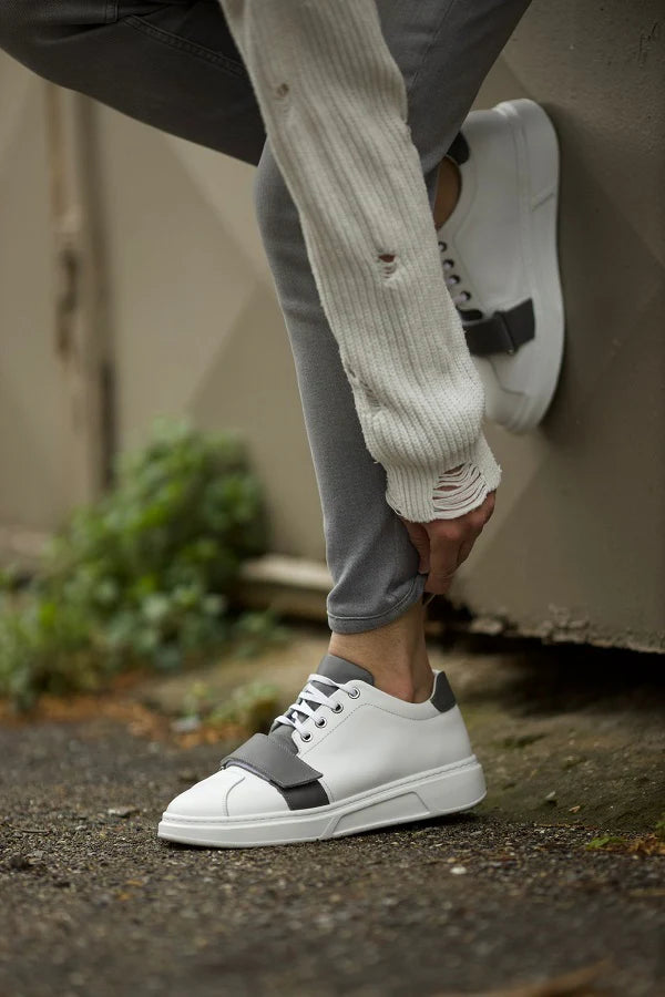 White and Grey Leather Low Top Lace Up Sneakers with White Sole - Sneaker Shoes