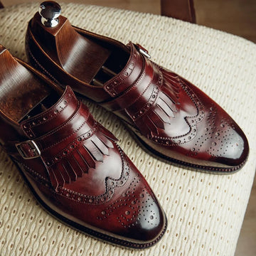 Burgundy Brown Leather Aarberg Toe Cap Monk Straps
