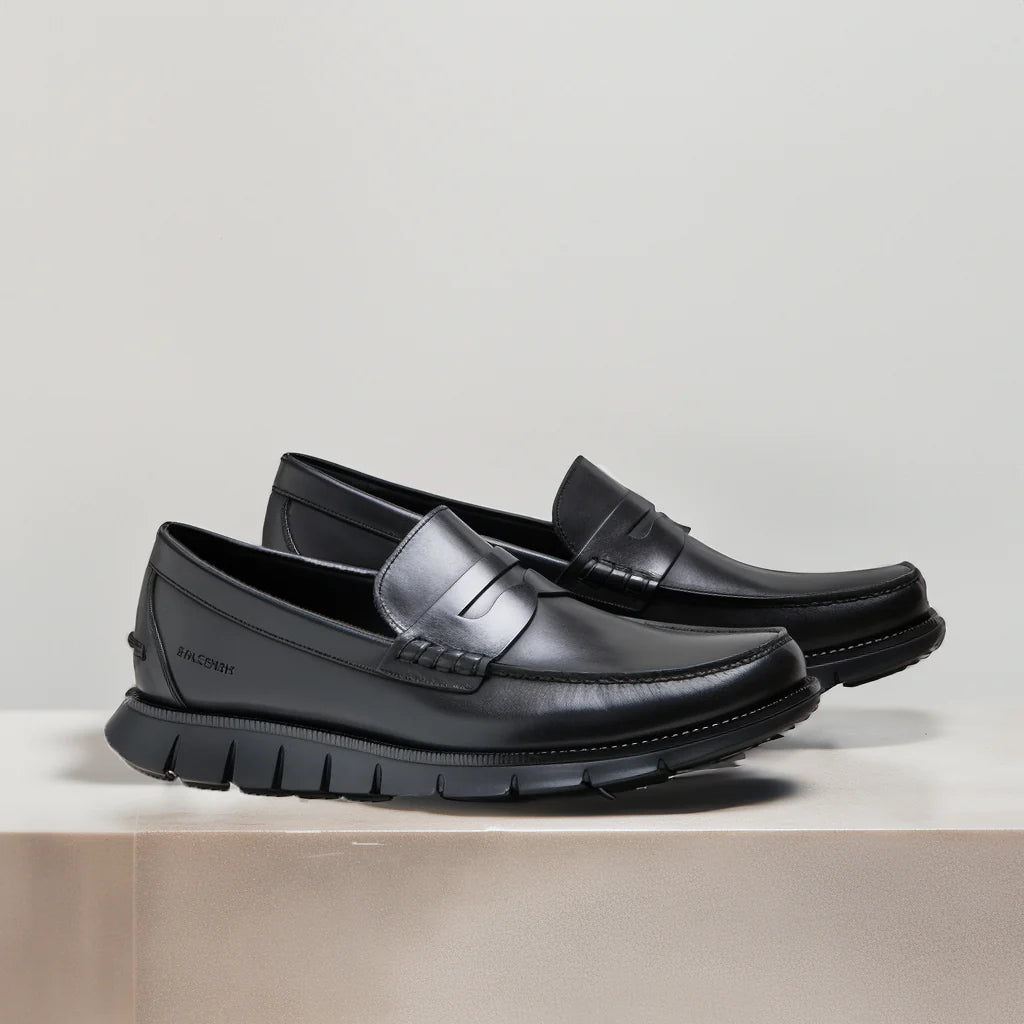 Black Leather Evarado Penny Loafers with Black Hybrid Sole