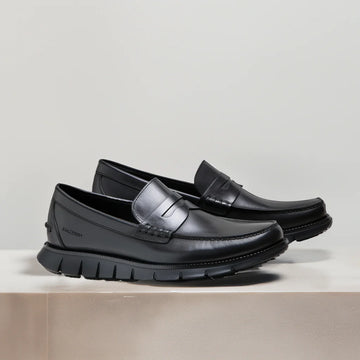 Black Leather Evarado Penny Loafers with Black Hybrid Sole